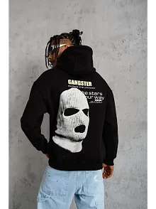 Erkek Baskılı Kapüşonlu 3 İplik Pamuklu Hoodie Sweatshirt - Siyah