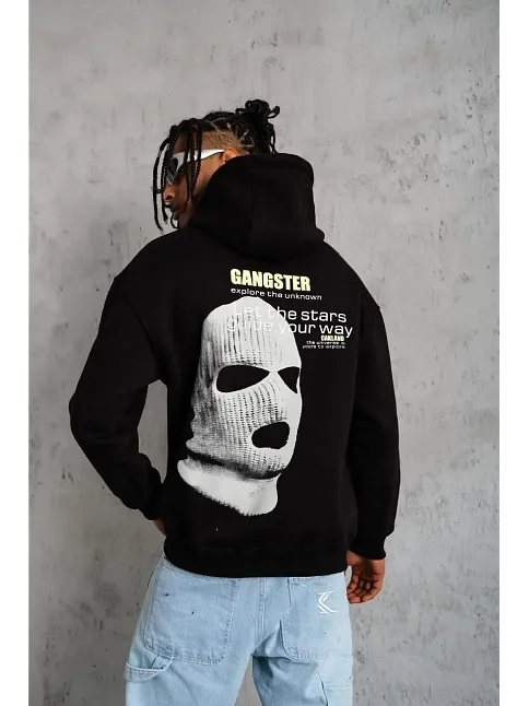 Erkek Baskılı Kapüşonlu 3 İplik Pamuklu Hoodie Sweatshirt - Siyah