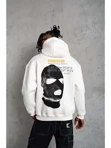 Erkek Maske Baskılı 3 İplik Pamuklu Kapüşonlu Sweatshirt Hoodie - Beyaz