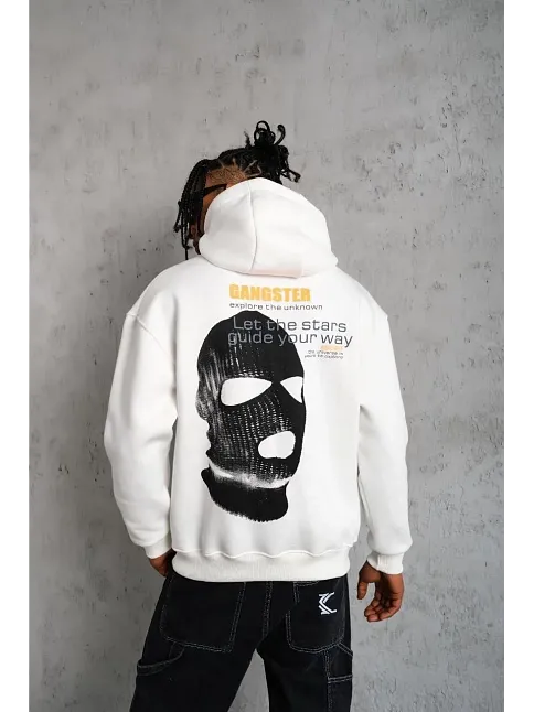 Erkek Maske Baskılı 3 İplik Pamuklu Kapüşonlu Sweatshirt Hoodie - Beyaz
