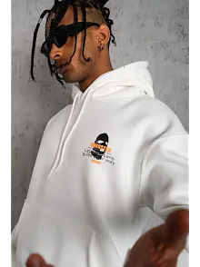 Erkek Maske Baskılı 3 İplik Pamuklu Kapüşonlu Sweatshirt Hoodie - Beyaz