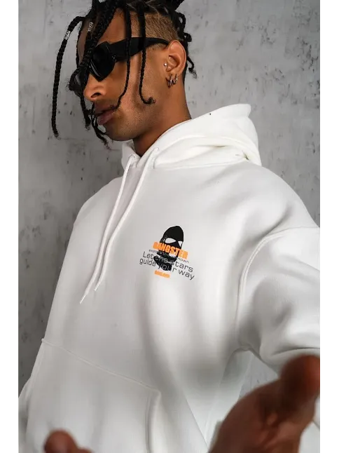 Erkek Maske Baskılı 3 İplik Pamuklu Kapüşonlu Sweatshirt Hoodie - Beyaz