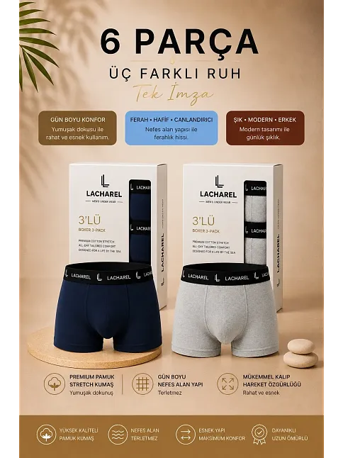 Erkek Likralı Pamuklu Nefes Alan Penye 6 Adet Boxer - Lacivert & Gri