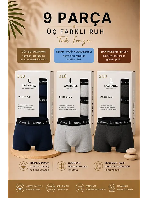 Erkek Likralı Pamuklu Nefes Alan Penye 9 Adet Boxer -lacivert- Gri - Füme
