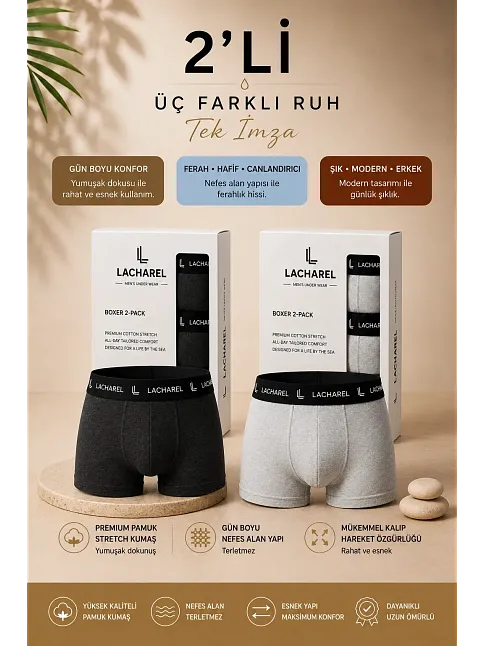 Erkek Likralı Pamuklu Nefes Alan Penye Boxer 2'li Paket - Füme & Gri