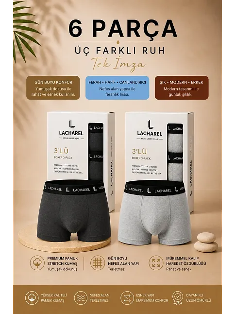 Erkek Likralı Pamuklu Nefes Alan Penye 6 Adet Boxer - Füme & Gri