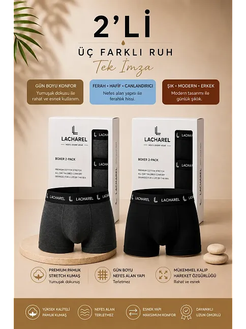 Erkek Likralı Pamuklu Nefes Alan Penye Boxer 2'li Paket - Füme & Siyah