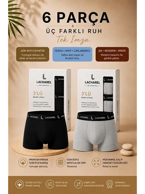 Erkek Likralı Pamuklu Nefes Alan Penye 6 Adet Boxer - Siyah & Gri