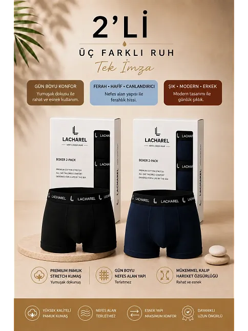 Erkek Likralı Pamuklu Nefes Alan Penye Boxer 2'li Paket - Siyah & Lacivert