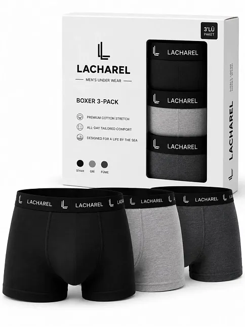 Erkek Likralı Pamuklu Nefes Alan Penye Boxer 3'lü Paket - Siyah - Gri - Füme
