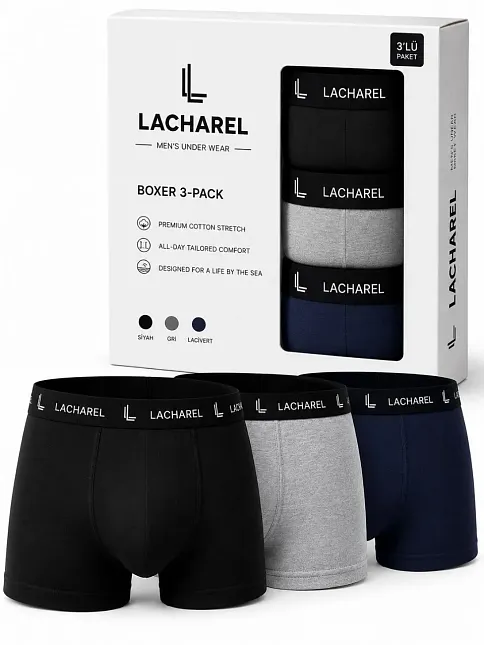 Erkek Likralı Pamuklu Nefes Alan Penye Boxer 3'lü Paket - Siyah - Gri - Lacivert