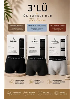 Erkek Likralı Pamuklu Nefes Alan Penye Boxer3'lü Paket - Siyah & Füme & Gri
