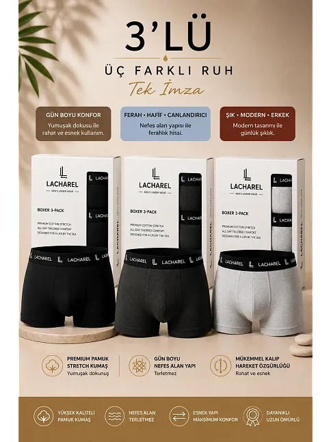 Erkek Likralı Pamuklu Nefes Alan Penye Boxer3'lü Paket - Siyah & Füme & Gri