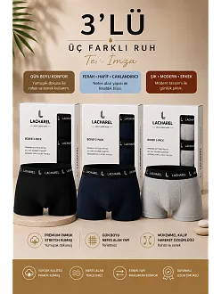 Erkek Likralı Pamuklu Nefes Alan Penye Boxer3'lü Paket - Siyah & Gri & Lacivert