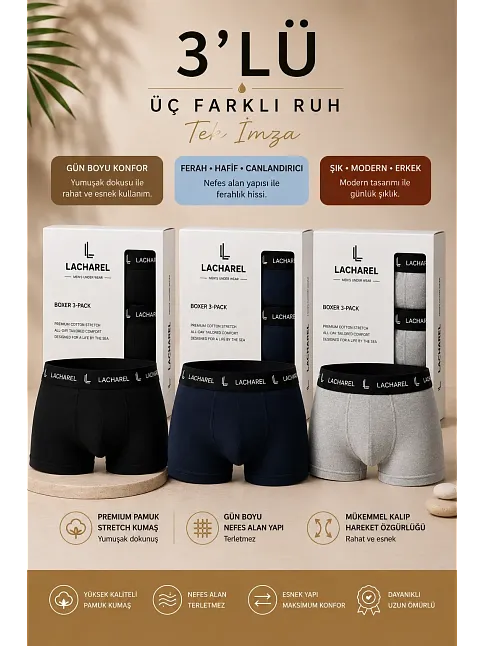 Erkek Likralı Pamuklu Nefes Alan Penye Boxer3'lü Paket - Siyah & Gri & Lacivert