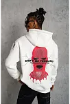 Erkek 3 İplik Pamuklu Kapüşonlu Baskılı Cepli Oversize Sweatshirt Hoodie - Beyaz