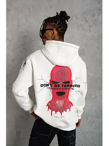 Erkek 3 İplik Pamuklu Kapüşonlu Baskılı Cepli Oversize Sweatshirt Hoodie - Beyaz