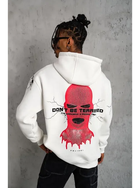 Erkek 3 İplik Pamuklu Kapüşonlu Baskılı Cepli Oversize Sweatshirt Hoodie - Beyaz