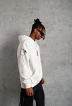 Erkek 3 İplik Pamuklu Kapüşonlu Baskılı Cepli Oversize Sweatshirt Hoodie - Beyaz