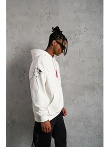 Erkek 3 İplik Pamuklu Kapüşonlu Baskılı Cepli Oversize Sweatshirt Hoodie - Beyaz