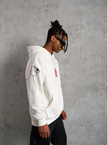 Erkek 3 İplik Pamuklu Kapüşonlu Baskılı Cepli Oversize Sweatshirt Hoodie - Beyaz