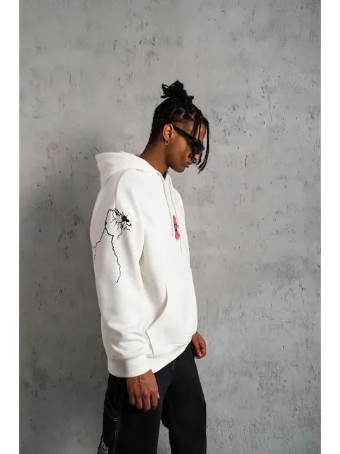 Erkek 3 İplik Pamuklu Kapüşonlu Baskılı Cepli Oversize Sweatshirt Hoodie - Beyaz