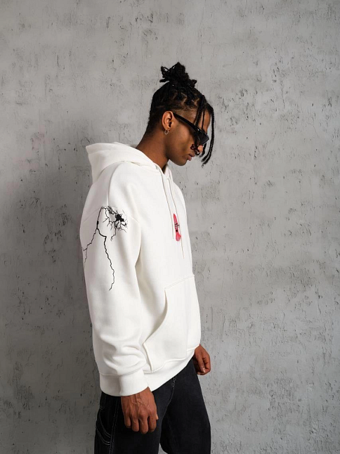 Erkek 3 İplik Pamuklu Kapüşonlu Baskılı Cepli Oversize Sweatshirt Hoodie - Beyaz