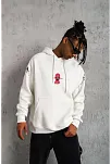Erkek 3 İplik Pamuklu Kapüşonlu Baskılı Cepli Oversize Sweatshirt Hoodie - Beyaz