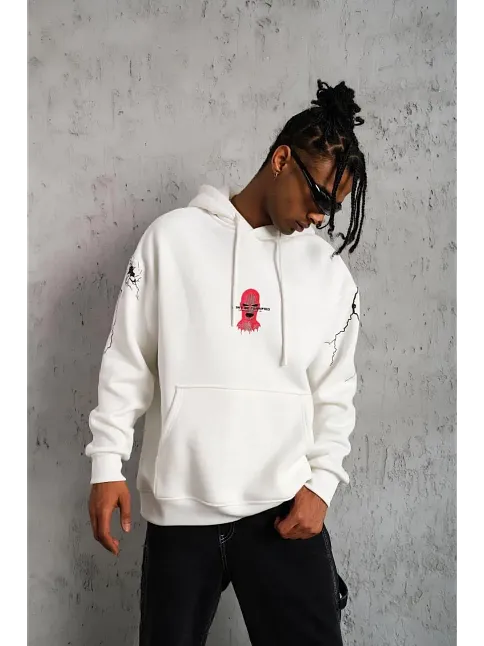 Erkek 3 İplik Pamuklu Kapüşonlu Baskılı Cepli Oversize Sweatshirt Hoodie - Beyaz