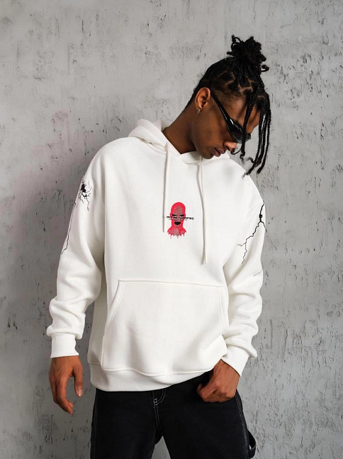 Erkek 3 İplik Pamuklu Kapüşonlu Baskılı Cepli Oversize Sweatshirt Hoodie - Beyaz