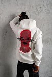 Erkek 3 İplik Pamuklu Kapüşonlu Baskılı Cepli Oversize Sweatshirt Hoodie - Beyaz