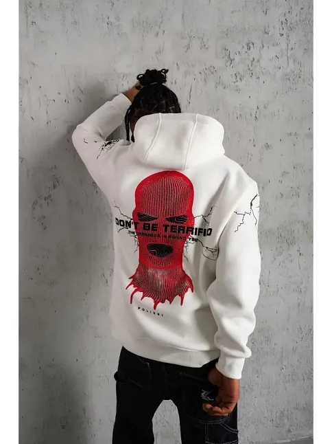 Erkek 3 İplik Pamuklu Kapüşonlu Baskılı Cepli Oversize Sweatshirt Hoodie - Beyaz