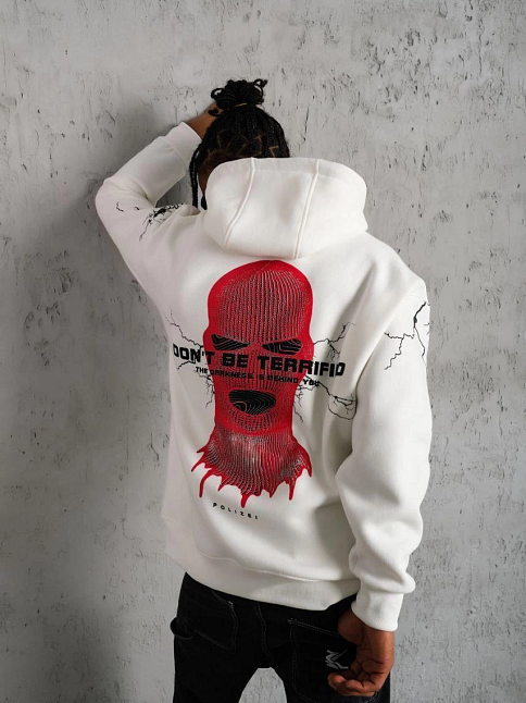 Erkek 3 İplik Pamuklu Kapüşonlu Baskılı Cepli Oversize Sweatshirt Hoodie - Beyaz