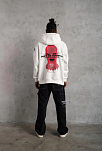 Erkek 3 İplik Pamuklu Kapüşonlu Baskılı Cepli Oversize Sweatshirt Hoodie - Beyaz