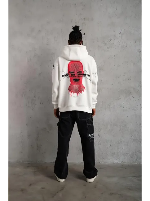 Erkek 3 İplik Pamuklu Kapüşonlu Baskılı Cepli Oversize Sweatshirt Hoodie - Beyaz