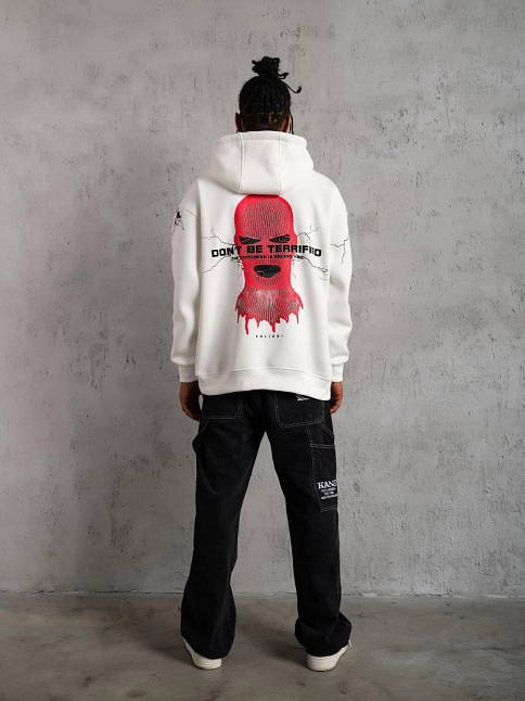 Erkek 3 İplik Pamuklu Kapüşonlu Baskılı Cepli Oversize Sweatshirt Hoodie - Beyaz
