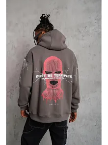 Erkek 3 İplik Pamuklu Kapüşonlu Baskılı Cepli Oversize Sweatshirt Hoodie - Gri