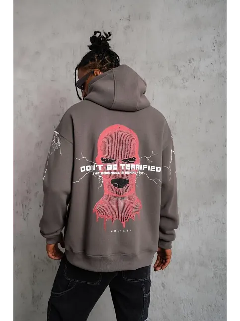 Erkek 3 İplik Pamuklu Kapüşonlu Baskılı Cepli Oversize Sweatshirt Hoodie - Gri