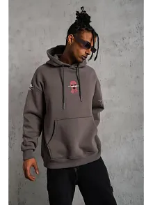 Erkek 3 İplik Pamuklu Kapüşonlu Baskılı Cepli Oversize Sweatshirt Hoodie - Gri