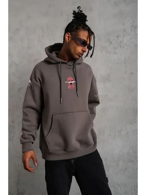 Erkek 3 İplik Pamuklu Kapüşonlu Baskılı Cepli Oversize Sweatshirt Hoodie - Gri