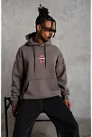 Erkek 3 İplik Pamuklu Kapüşonlu Baskılı Cepli Oversize Sweatshirt Hoodie - Gri