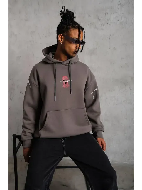 Erkek 3 İplik Pamuklu Kapüşonlu Baskılı Cepli Oversize Sweatshirt Hoodie - Gri