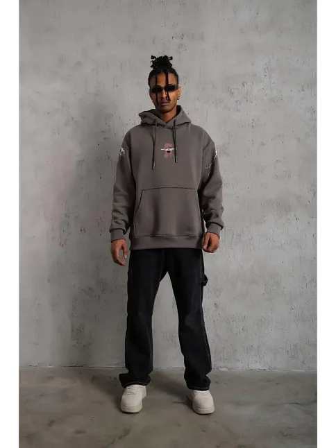 Erkek 3 İplik Pamuklu Kapüşonlu Baskılı Cepli Oversize Sweatshirt Hoodie - Gri