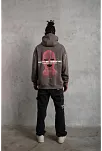Erkek 3 İplik Pamuklu Kapüşonlu Baskılı Cepli Oversize Sweatshirt Hoodie - Gri