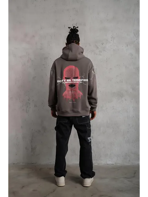 Erkek 3 İplik Pamuklu Kapüşonlu Baskılı Cepli Oversize Sweatshirt Hoodie - Gri