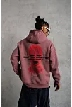 Erkek 3 İplik Pamuklu Kapüşonlu Baskılı Cepli Sweatshirt Hoodie - Gül Kurusu