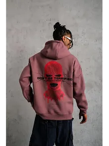 Erkek 3 İplik Pamuklu Kapüşonlu Baskılı Cepli Sweatshirt Hoodie - Gül Kurusu