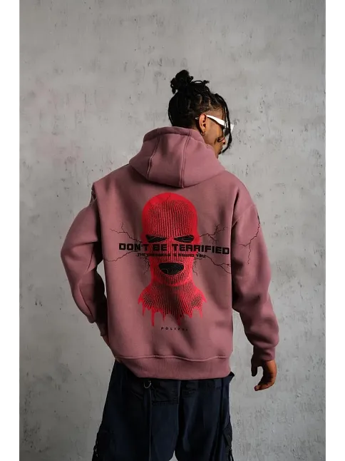 Erkek 3 İplik Pamuklu Kapüşonlu Baskılı Cepli Sweatshirt Hoodie - Gül Kurusu