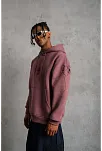 Erkek 3 İplik Pamuklu Kapüşonlu Baskılı Cepli Sweatshirt Hoodie - Gül Kurusu