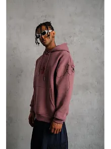 Erkek 3 İplik Pamuklu Kapüşonlu Baskılı Cepli Sweatshirt Hoodie - Gül Kurusu